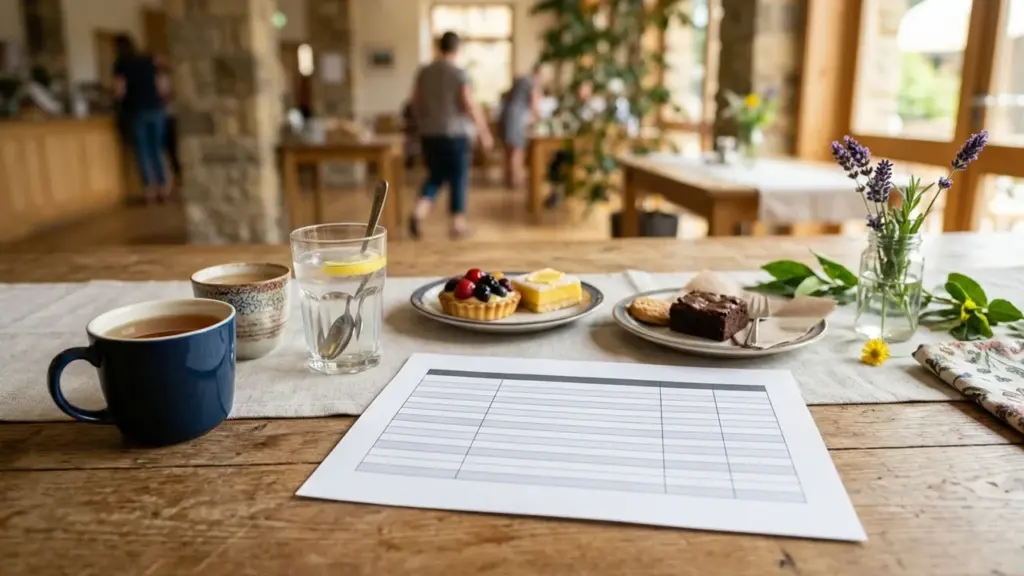 Table avec des boissons, des pâtisseries et un formulaire vide dans un café lumineux.