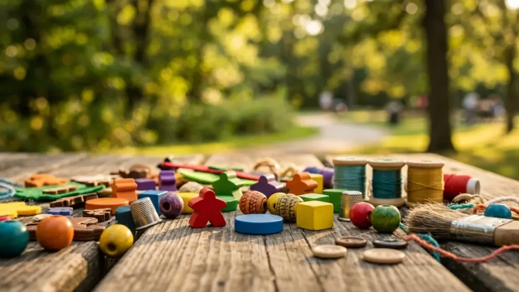Divers objets artisanaux colorés et pions de jeu disposés sur une table en bois extérieure.