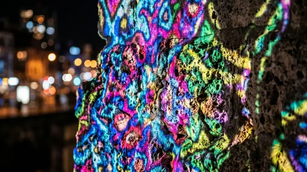Des couleurs néon vibrantes projetées sur une paroi rocheuse texturée en pleine nuit urbaine.