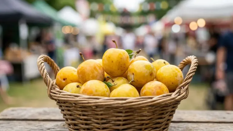 Un panier en osier rempli de mirabelles jaunes fraîches sur un marché extérieur animé.