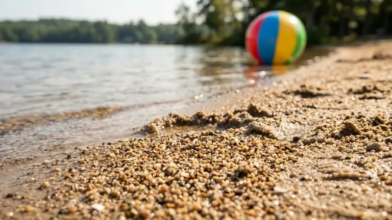 Un ballon de plage coloré flotte au bord de l'eau sur une rive sablonneuse.
