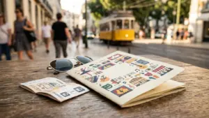 Lunettes de soleil et carnet illustré sur une table avec tramway flou en arrière-plan.