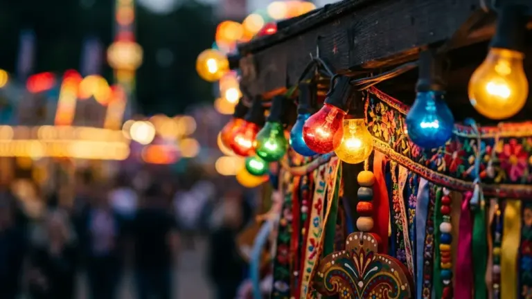 Guirlande d'ampoules colorées suspendue à un stand décoré lors d'une fête foraine nocturne animée.