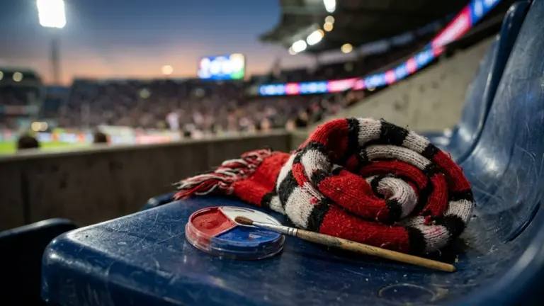 Une écharpe rayée rouge et noire posée sur un siège de stade avec du maquillage.