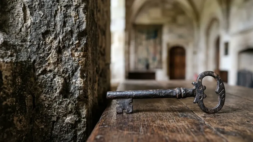Une clé ancienne en métal rouillé posée sur une table en bois historique.
