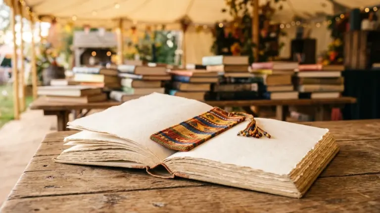 Un livre ouvert avec un marque-page coloré posé sur une table en bois rustique.