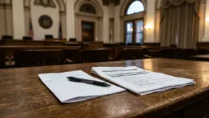 Un stylo noir posé sur des documents juridiques sur une table en bois d'audience.