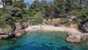 Petite crique méditerranéenne aux eaux turquoise entourée de falaises rocheuses et de pins verdoyants.