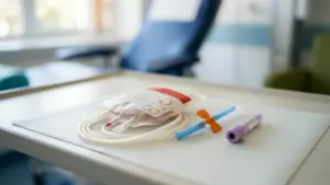 Une poche de sang avec des tubulures, une aiguille et un tube de prélèvement médical.