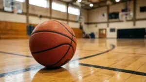 Un ballon de basket orange texturé posé sur le parquet d'un gymnase intérieur vide.