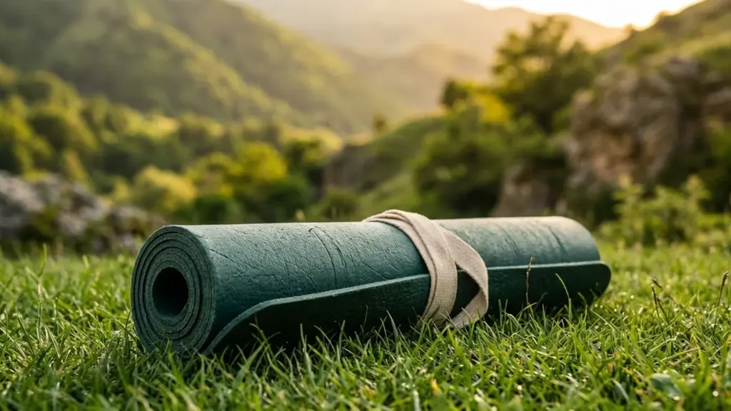 Un tapis de yoga vert enroulé posé sur l'herbe devant des collines ensoleillées.