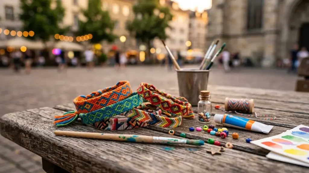 Bracelets tissés, pinceaux et perles posés sur une table en bois en extérieur.