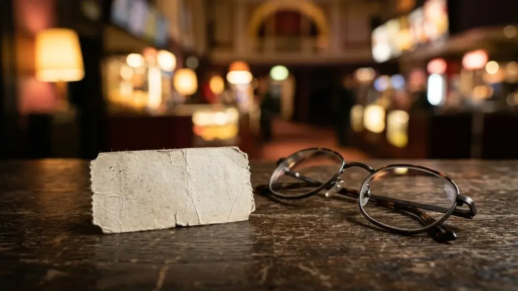 Une carte rectangulaire vierge et des lunettes posées sur une table en bois sombre.