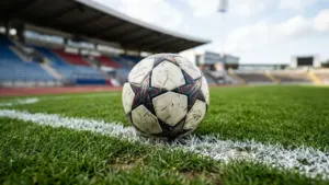 Un ballon de football officiel posé sur l'herbe près d'une ligne blanche au stade.