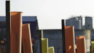 Des protections en plastique orange pour jeunes arbres sur un chantier de construction.