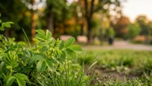 Gros plan sur une petite plante verte dans l'herbe avec un parc flou en arrière-plan.