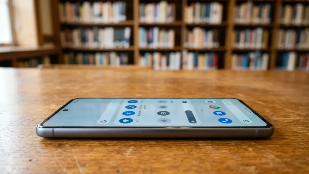 Un smartphone posé sur une table en bois devant une bibliothèque floue.