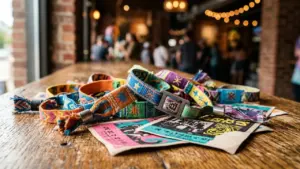 Plusieurs bracelets en tissu colorés posés sur une table en bois dans un bar.
