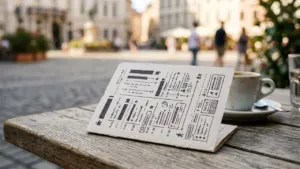 Un dépliant avec des horaires dessinés posé sur une table en bois près d'un café.
