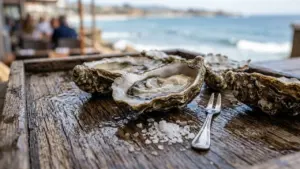 Des huîtres fraîches servies sur une planche en bois près d'une mer agitée.