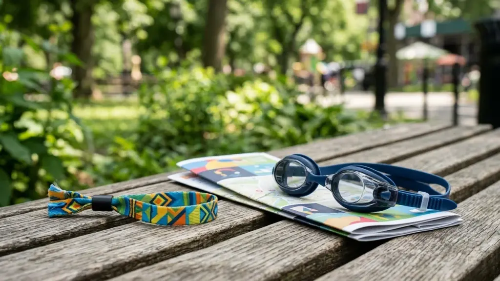 Des lunettes de natation et un bracelet coloré posés sur une carte pliée en extérieur.