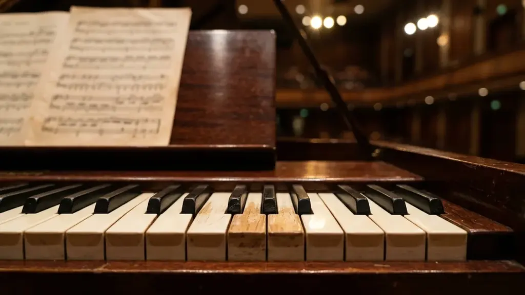 Gros plan sur les touches d'un piano ancien devant une partition dans une salle.