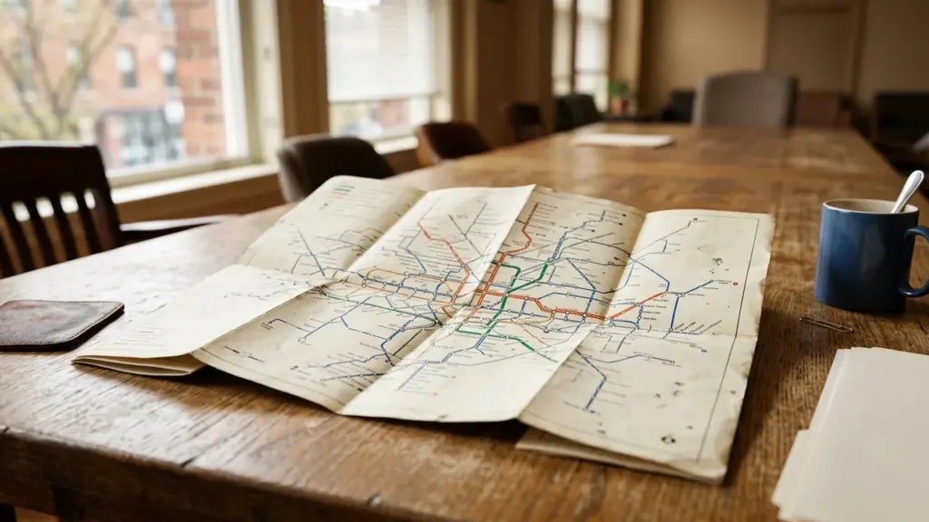 Une carte de réseau ferroviaire dépliée sur une table en bois dans un bureau.