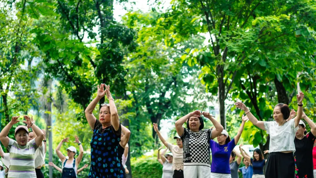 Groupe de seniors pratiquant une activité physique en plein air dans un parc public.