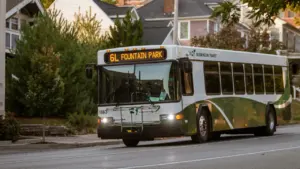 Un autobus urbain blanc et vert circulant sur une route en journée.