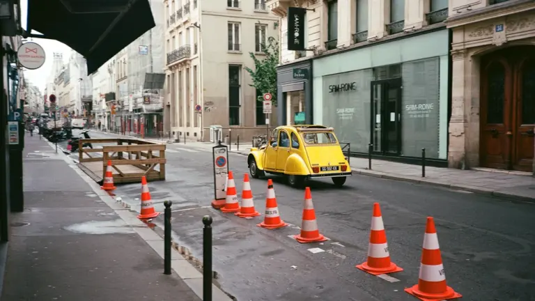 Une rue citadine avec une voiture jaune et des cônes de signalisation orange.