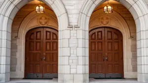 Portes en bois monumentales d'un édifice historique, idéal pour les Journées du Patrimoine.